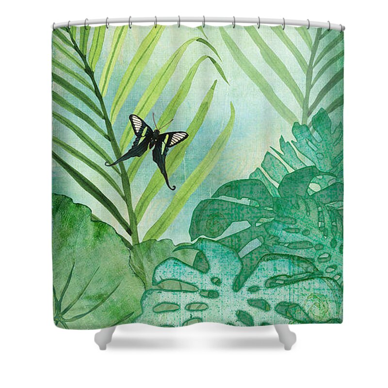 Jungle Shower Curtain featuring the painting Rainforest Tropical - Philodendron Elephant Ear and Palm Leaves w Botanical Butterfly by Audrey Jeanne Roberts