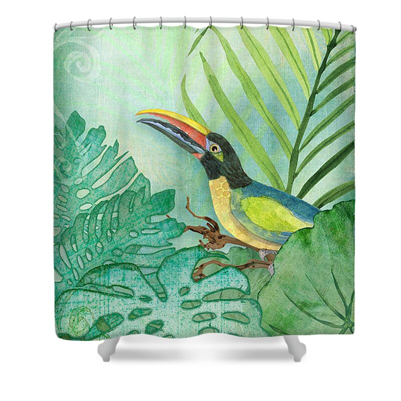 Toucan Shower Curtain featuring the painting Rainforest Tropical - Tropical Toucan w Philodendron Elephant Ear and Palm Leaves by Audrey Jeanne Roberts