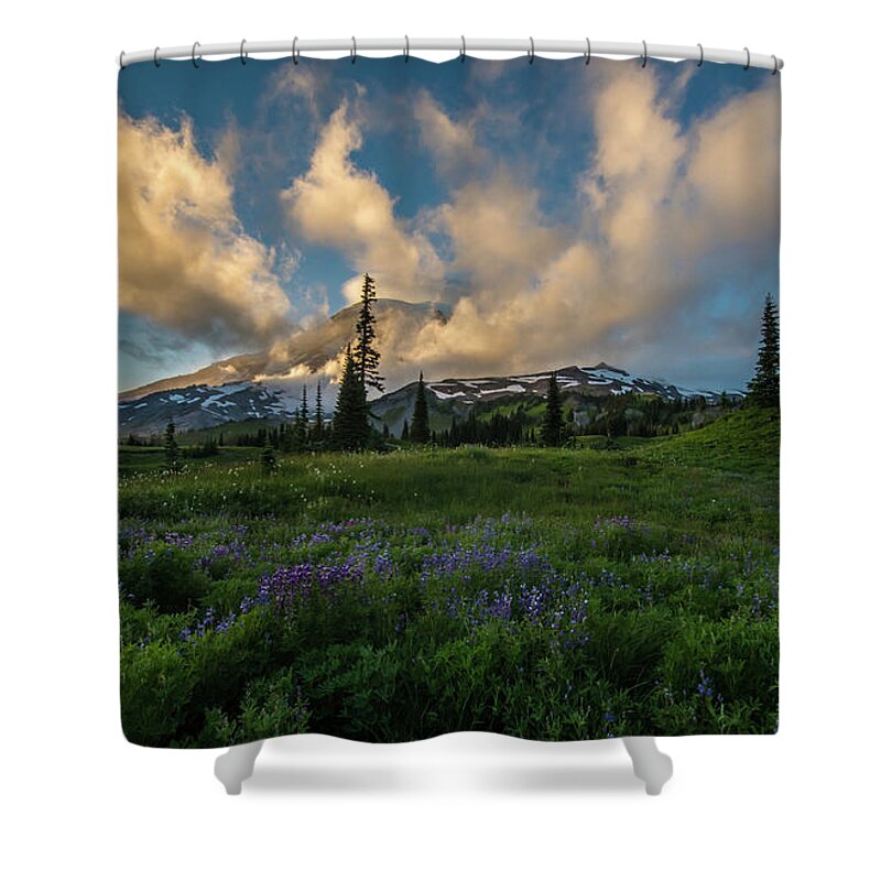 Mount Rainier Shower Curtain featuring the photograph Rainier Wildflowers Meadows Golden Sunset Clouds by Mike Reid