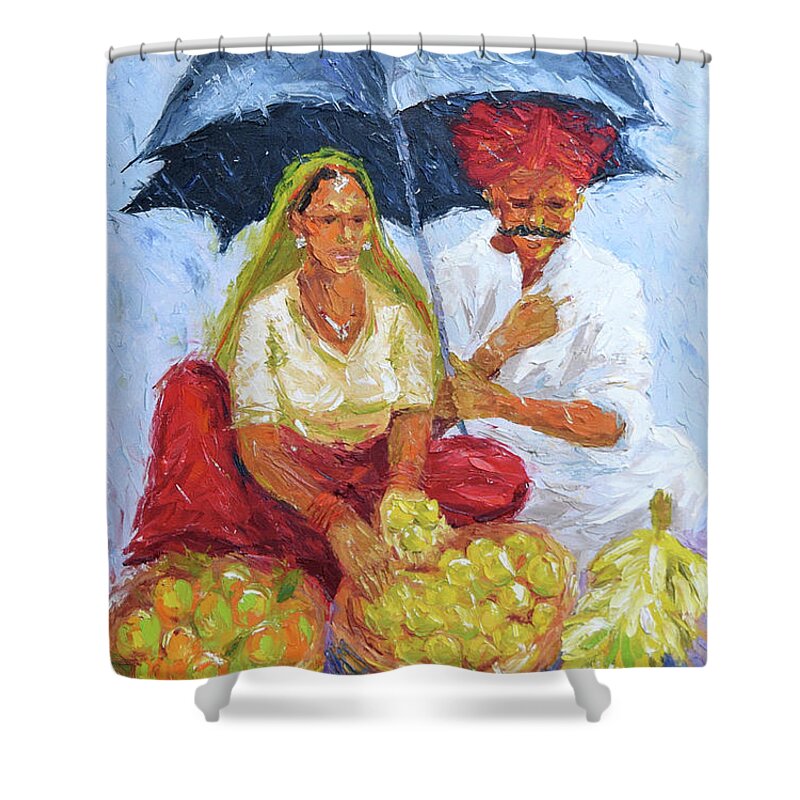  Shower Curtain featuring the painting Rainy Day at the Market by Jyotika Shroff