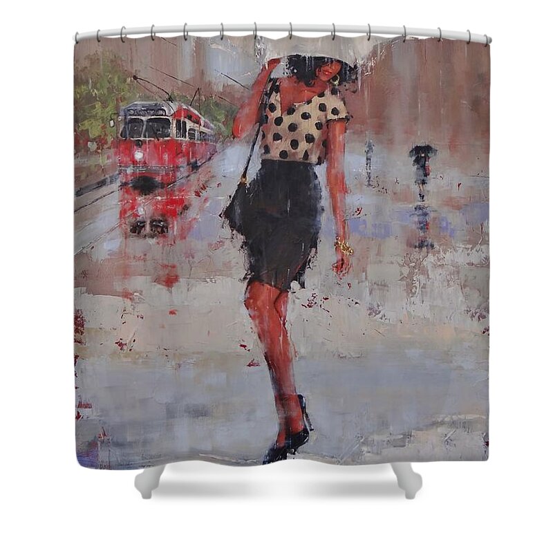 Laura Zanghetti Shower Curtain featuring the painting Rainy Day Blues by Laura Lee Zanghetti