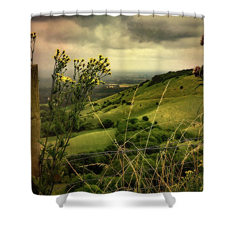 Ditchling Beacon Shower Curtain featuring the photograph Rainy Day Hilltop View On The South Downs by Chris Lord