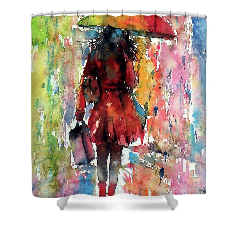 Umbrella Shower Curtain featuring the painting Rainy day by Kovacs Anna Brigitta