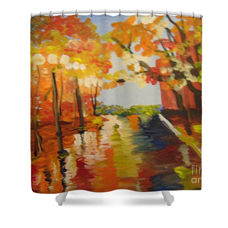 Impressionist Shower Curtain featuring the painting Rainy Fall Night by Saundra Johnson