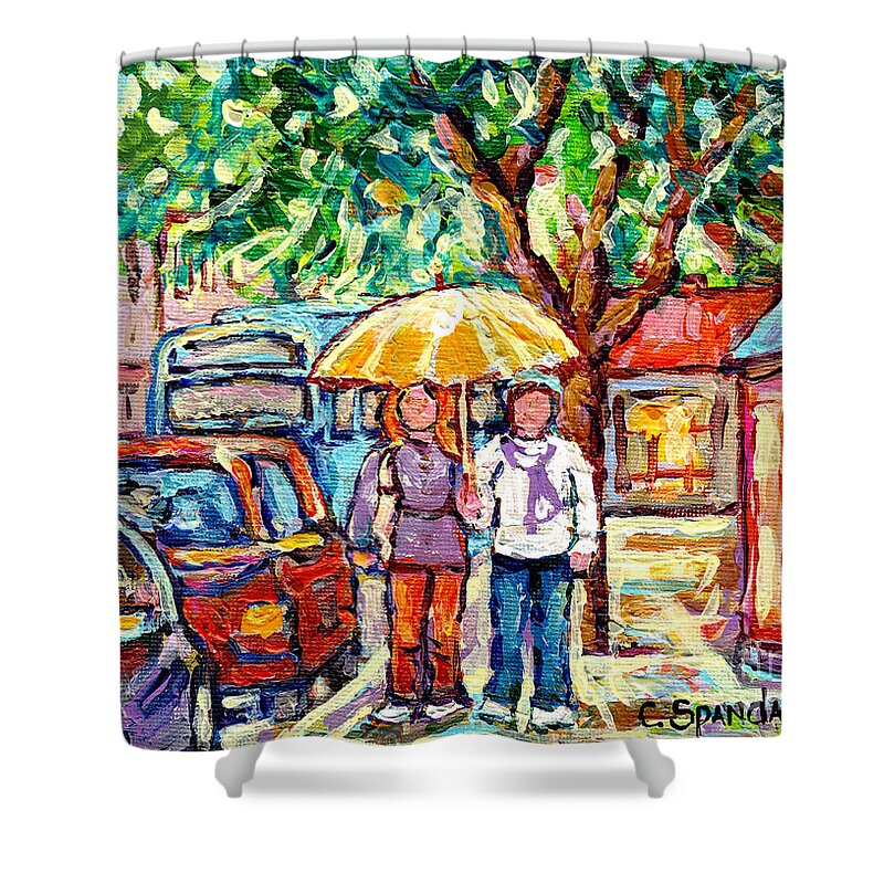 Montreal Shower Curtain featuring the painting Rainy Verdun Streets Painting Yellow Umbrella Walking By Shops Canadian Artist Carole Spandau Quebec by Carole Spandau