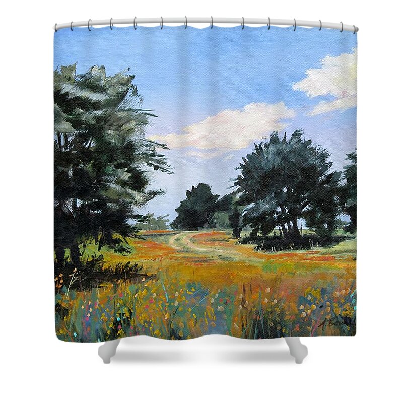 Texas Landscape Shower Curtain featuring the painting Ranch Road Near Bandera Texas by Adele Bower