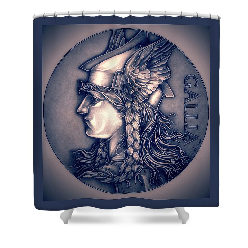 Coin Shower Curtain featuring the drawing Rasberry Goddess of Gaul by Fred Larucci
