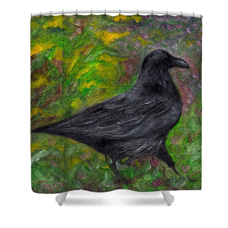 Birds Shower Curtain featuring the painting Raven in Goldenrod by FT McKinstry