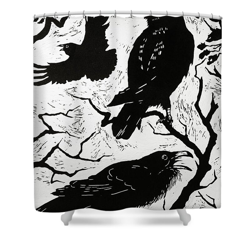 Raven Shower Curtain featuring the painting Ravens by Nat Morley