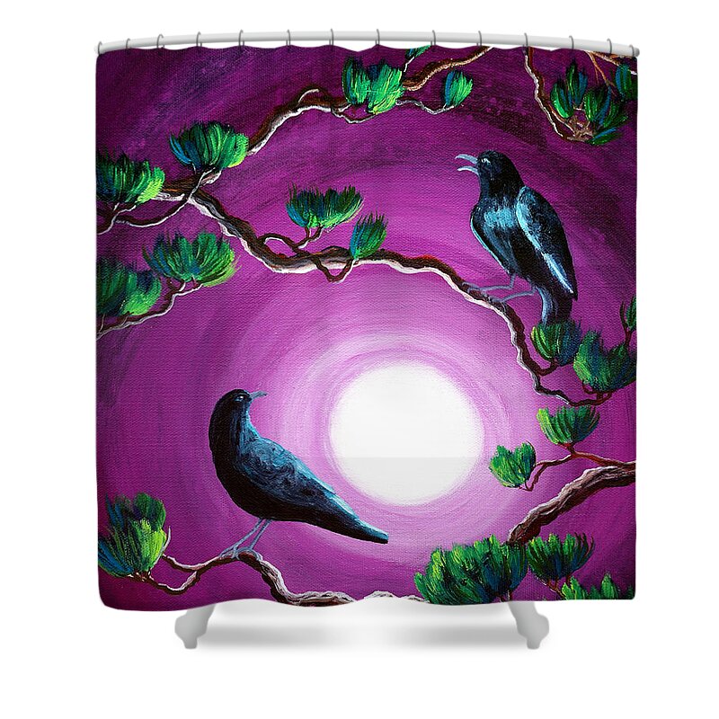 Zen Shower Curtain featuring the painting Ravens on a Summer Night by Laura Iverson