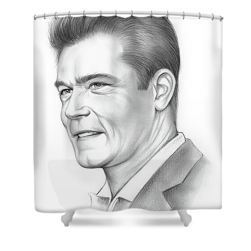 Ray Liotta Shower Curtain featuring the drawing Ray Liotta by Greg Joens