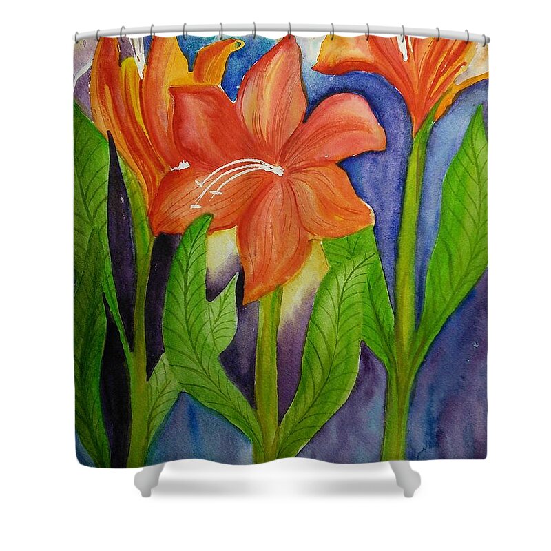 Orange Floral Shower Curtain featuring the painting Reaching for the sun by Susan Nielsen