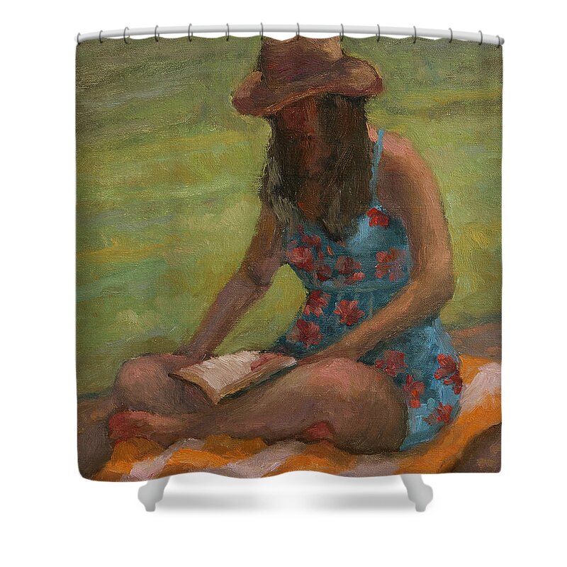 Beach Shower Curtain featuring the painting Reading at Jersey Valley by Jeff Dickson