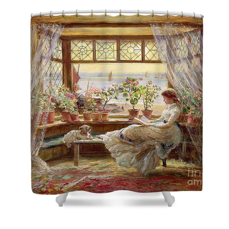 Dog Shower Curtain featuring the painting Reading by the Window by Charles James Lewis