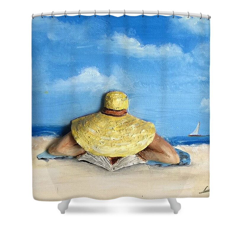 Beach Shower Curtain featuring the mixed media Reading On The Beach by Ryszard Ludynia