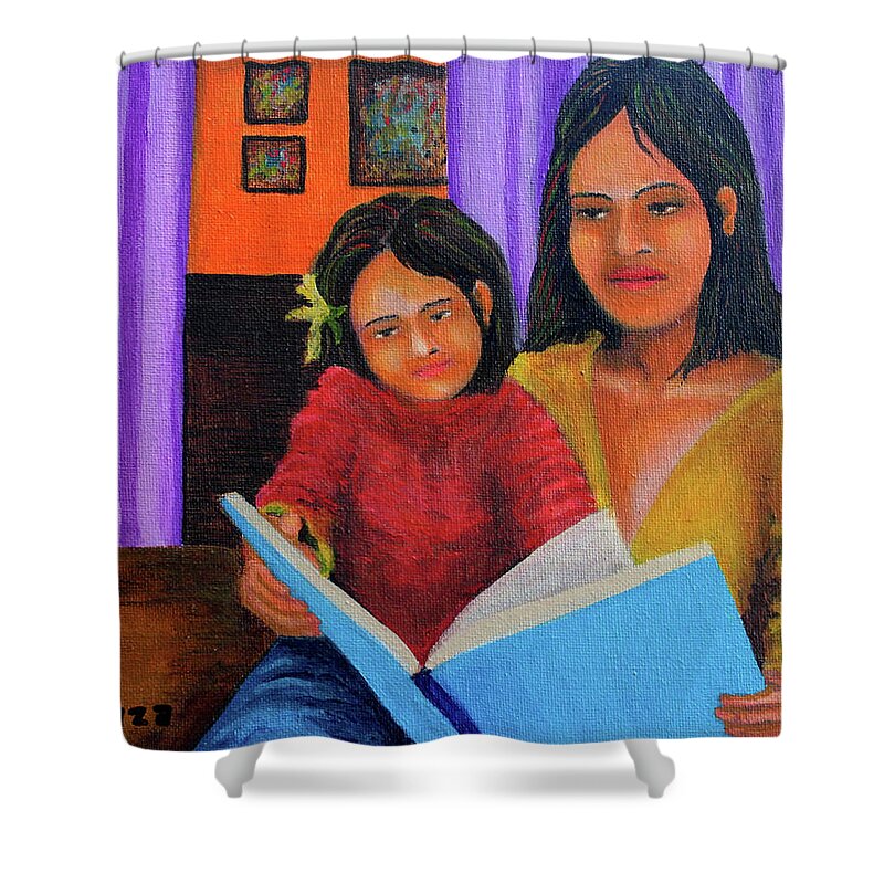 Mother Shower Curtain featuring the painting Reading with Mom by Cyril Maza