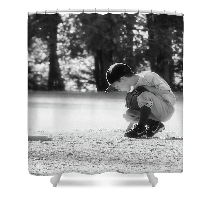 Monochrome Shower Curtain featuring the pyrography Ready at Second Base by Harry Moulton