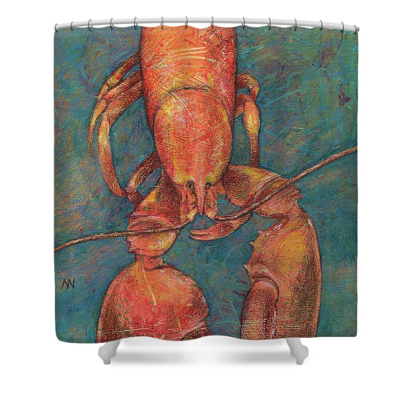 Lobster Shower Curtain featuring the mixed media Ready for Suppah by AnneMarie Welsh