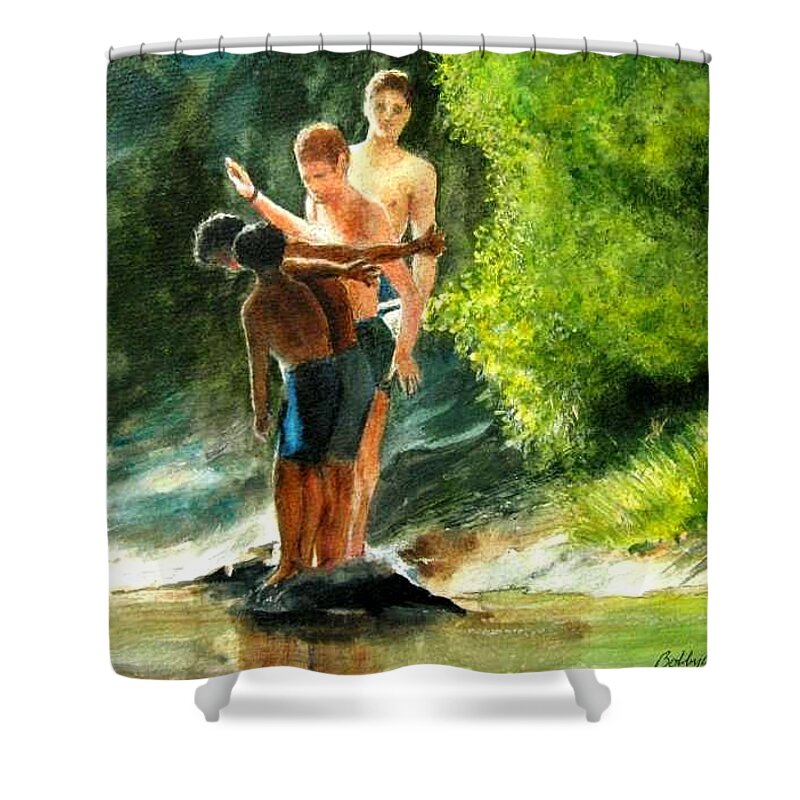 Children Shower Curtain featuring the painting Ready, set go by Bobby Walters