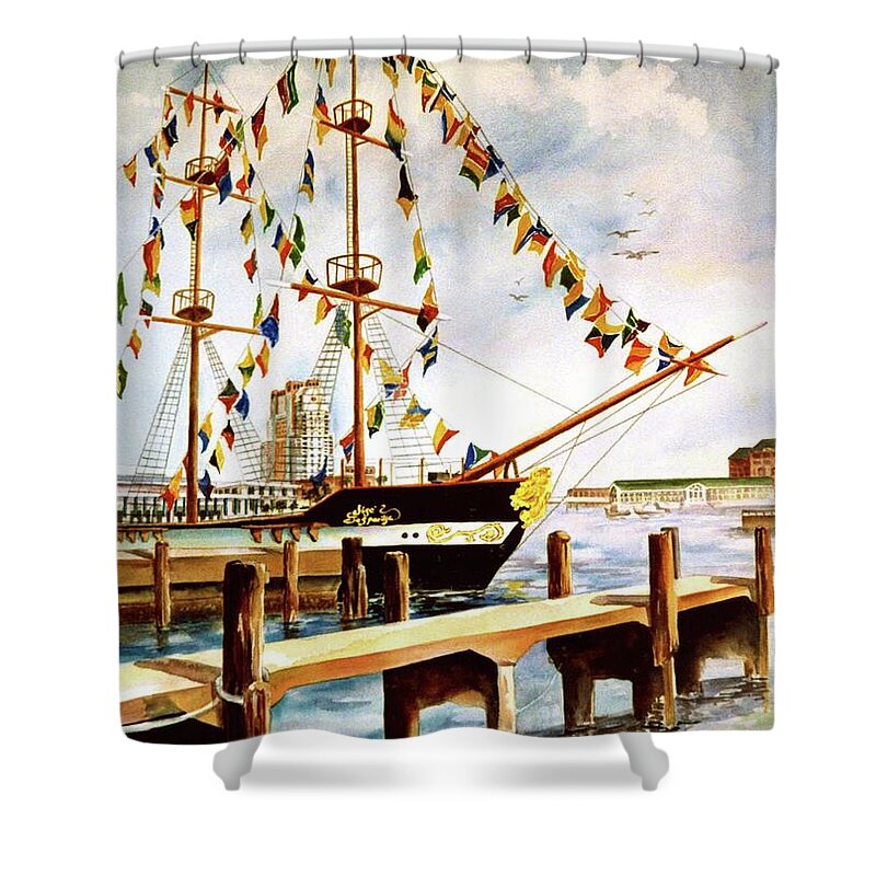 Gasparilla Pirate Ship Jose Gaspar Tampa Florida Parade Watercolor Historical Celebration Shower Curtain featuring the painting Ready the Celebration by Roxanne Tobaison