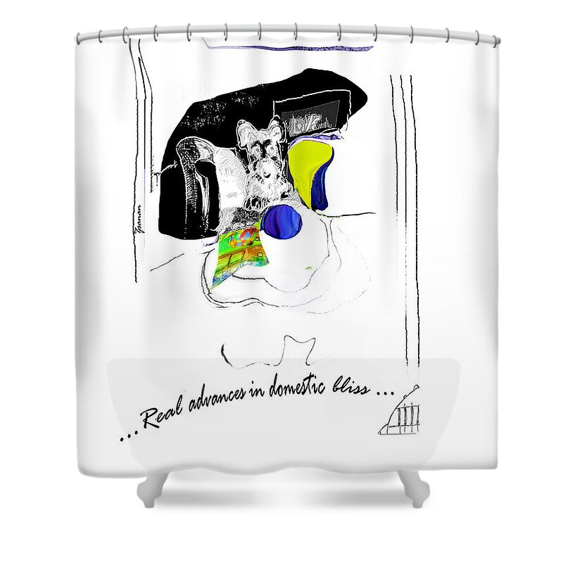Dog Shower Curtain featuring the mixed media Real Advances in Domestic Bliss by Zsanan Studio