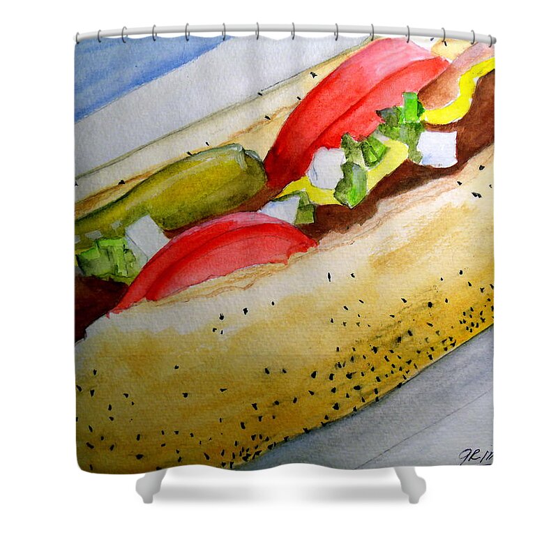 Hot Dog Shower Curtain featuring the painting Real Deal Chicago Dog by Carol Grimes