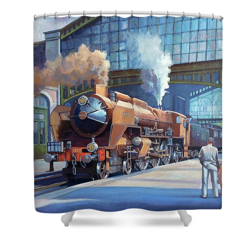 Steam Shower Curtain featuring the painting Rebuilt Chapelon Pacific at Calais. by Mike Jeffries