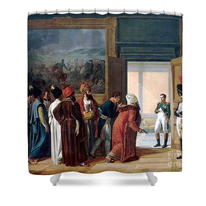 François-henri Mulard - Napoléon Shower Curtain featuring the painting Napoleon Receiving the Ambassador of Persia by MotionAge Designs