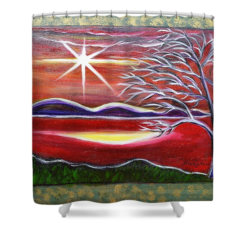 Goldart Shower Curtain featuring the painting Red Abstract Landscape with Gold embossed sides by Manjiri Kanvinde