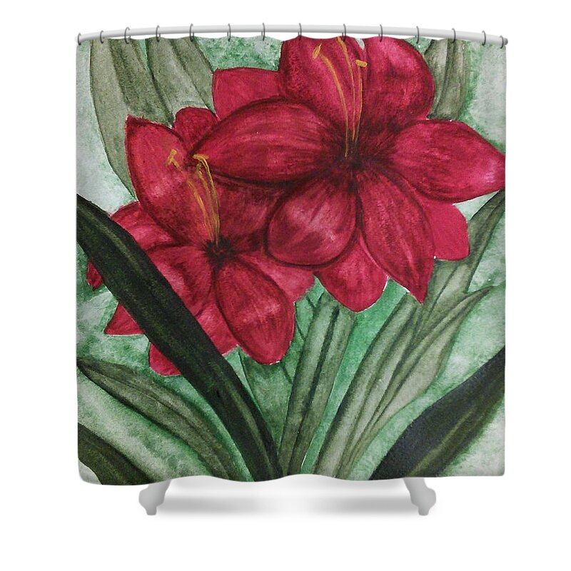 Deep Red Amaryllis Shower Curtain featuring the painting Red Amaryllis by Susan Nielsen
