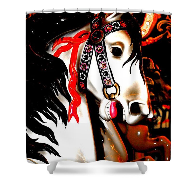 Digital Shower Curtain featuring the digital art Red and Black Carousel Horse by Patty Vicknair