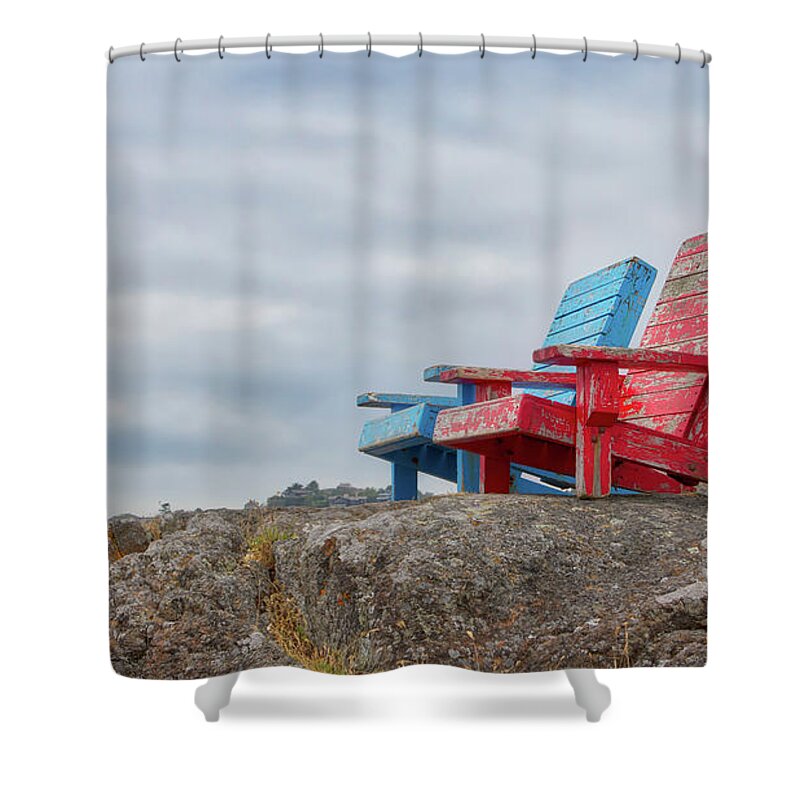 Adirondack Shower Curtain featuring the photograph Red and Blue Chairs by Jerry Fornarotto
