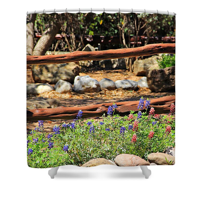 Landscape Shower Curtain featuring the photograph Red and Bluebonnets by Matalyn Gardner