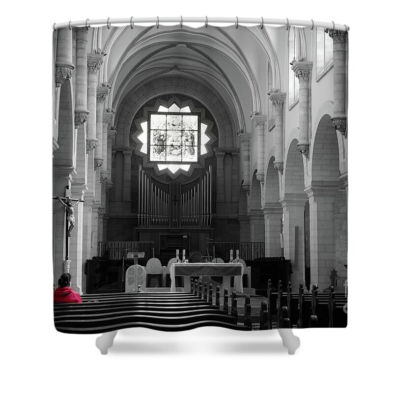 Red Shower Curtain featuring the photograph Red and Mono, Church of Bethlehem by Perry Rodriguez