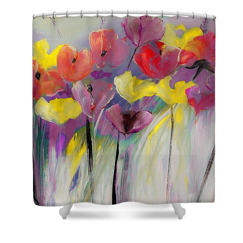 Floral Shower Curtain featuring the digital art Red and Yellow Floral Field Painting by Lisa Kaiser