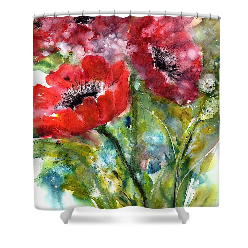 Red Anemone Flowers Shower Curtain featuring the painting Red Anemone Flowers by Sabina Von Arx
