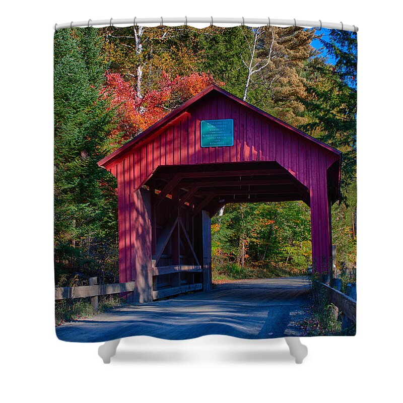 Moseley Covered Bridge Shower Curtain featuring the photograph Red autumn foliage over Moseley covered bridge by Jeff Folger