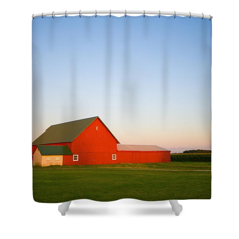 Country Shower Curtain featuring the photograph Red Barn and the Moon by Alexey Stiop
