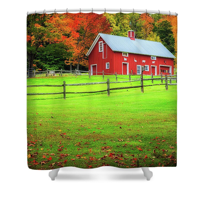 Red Barn Shower Curtain featuring the photograph Red Barn in Autumn-Woodstock VT by John Vose