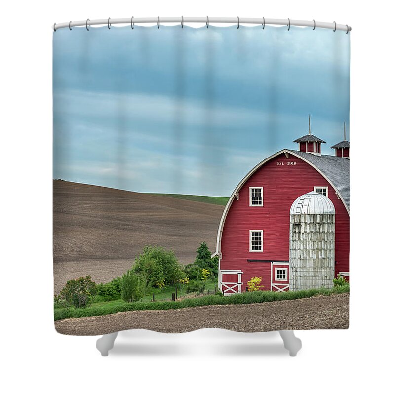 Agriculture Shower Curtain featuring the photograph Red Barn in Palouse. by Usha Peddamatham