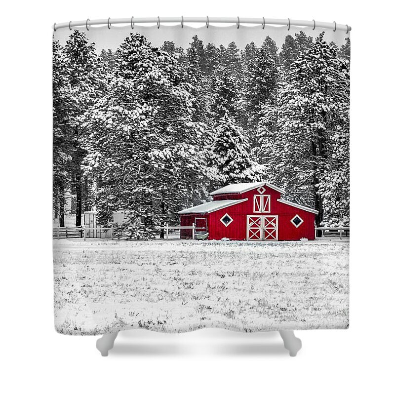 Barn Shower Curtain featuring the pyrography Red Barn in Snow by David Meznarich