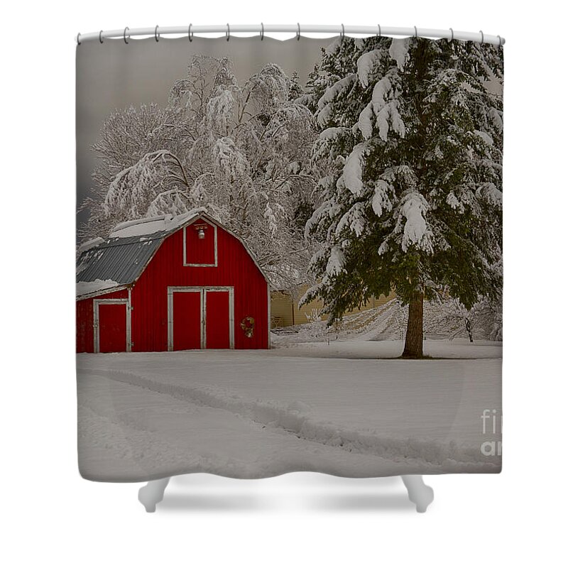 Coeur D'alene Shower Curtain featuring the photograph Red Barn in Snow by Idaho Scenic Images Linda Lantzy