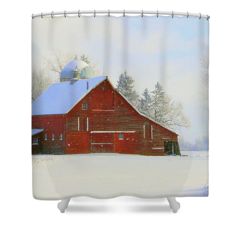 Red Barn Shower Curtain featuring the photograph Red Barn in the Snow by Julie Lueders 