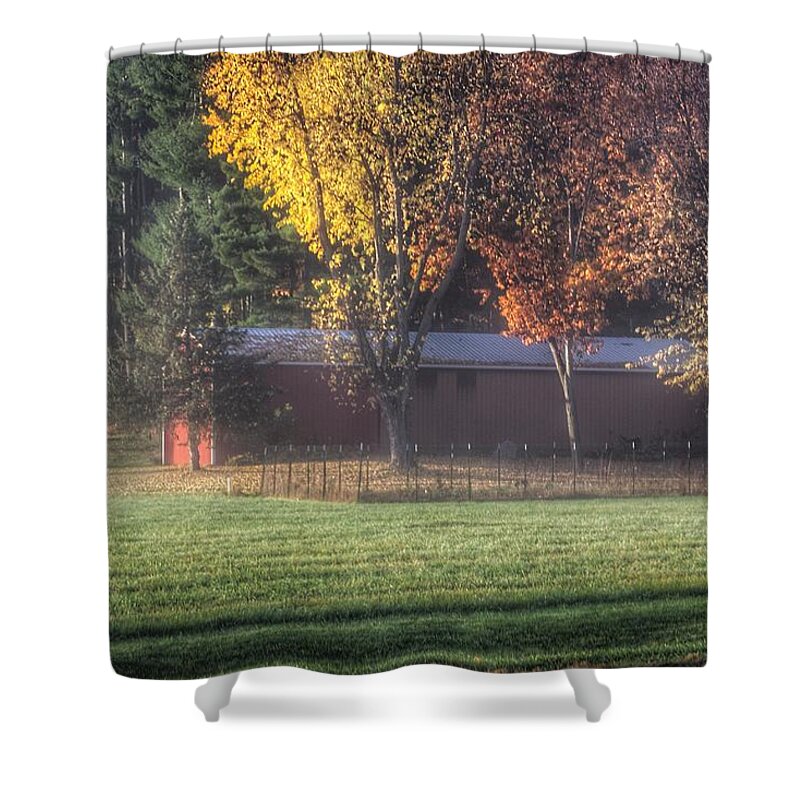 Barn Shower Curtain featuring the photograph 0041 - Red Barn on a Foggy Fall Morning by Sheryl L Sutter