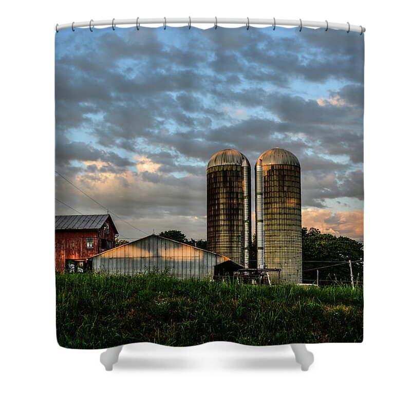 Farm Shower Curtain featuring the photograph Red Barn Shadows and Clouds by Tana Reiff