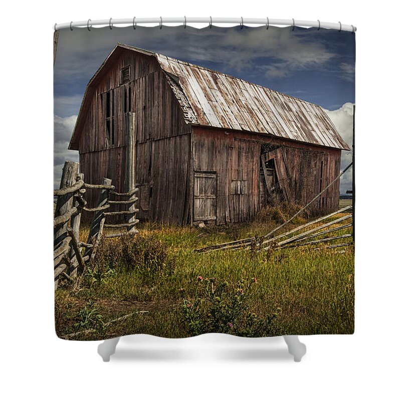 Wood Shower Curtain featuring the photograph Red Barn with Wood Fence on an Abandoned Farm by Randall Nyhof