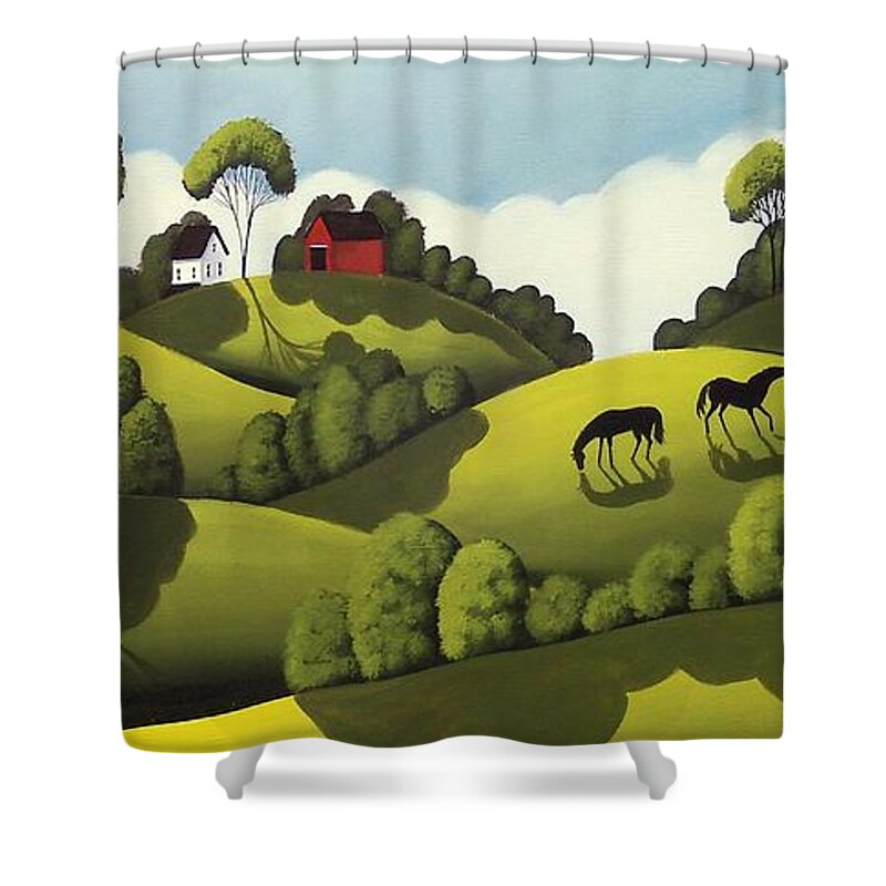 Barn Shower Curtain featuring the painting Red Barns - country landscape by Debbie Criswell