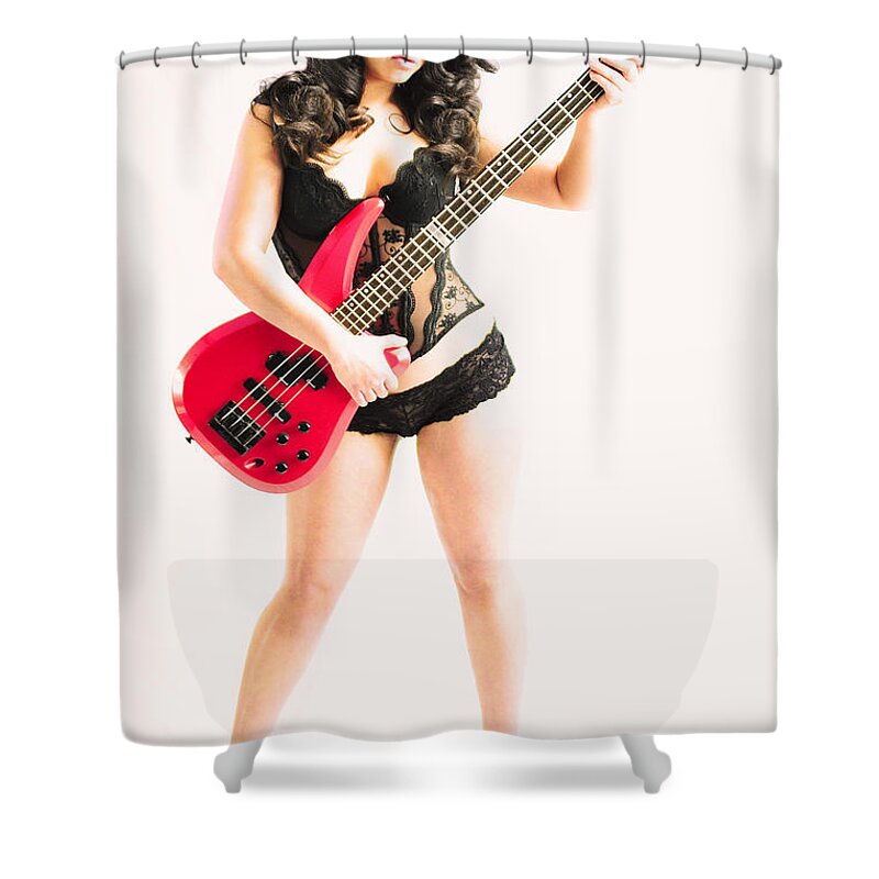 Red Shower Curtain featuring the photograph Red bass guitar by Robert WK Clark