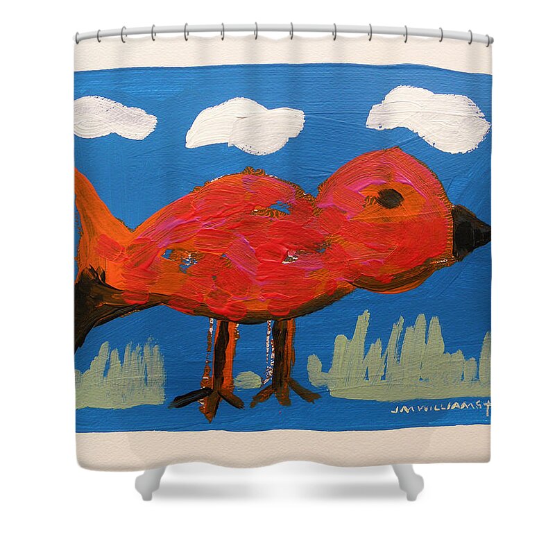 Acrylic Shower Curtain featuring the painting Red Bird in Grass by John Williams