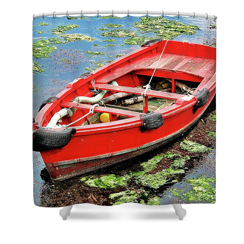 Row Boat Shower Curtain featuring the photograph Red Boat, Green Algae by Martine Murphy